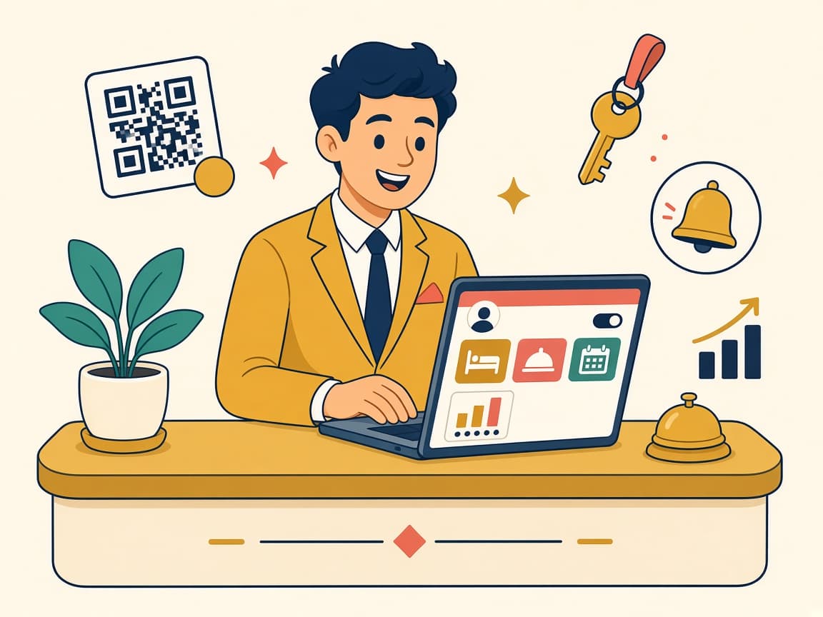 Hotel manager managing menus, rooms and orders from a laptop