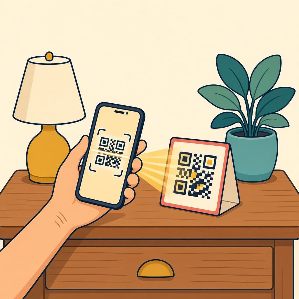 Guest scanning a QR card on a hotel nightstand